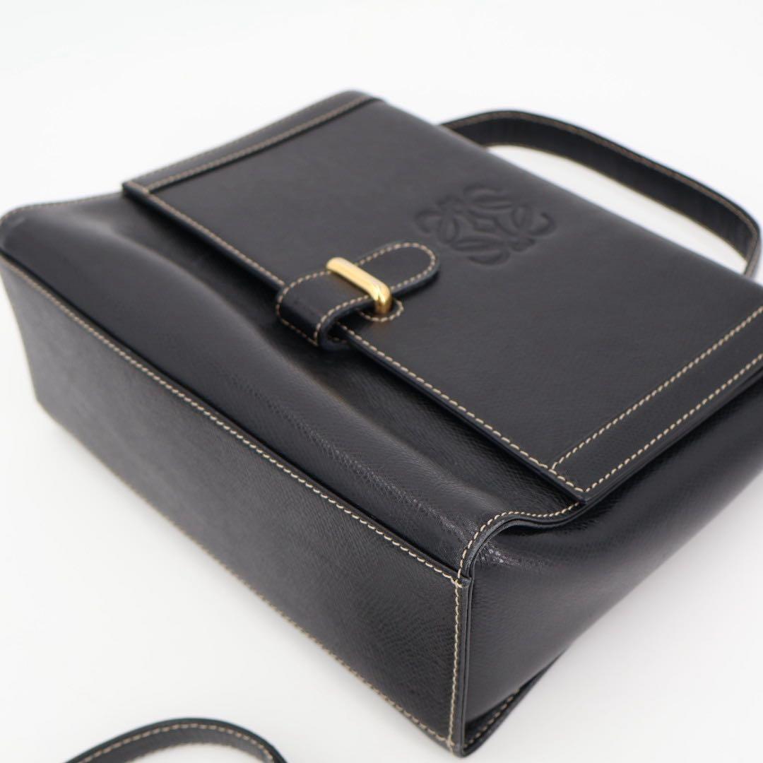 ロエベ LOEWE アナグラム ロゴ 型押し レザー 2way ハンドバッグ ショルダー ケリー型 ブラック 黒 ゴールド金具 ヴィンテージ