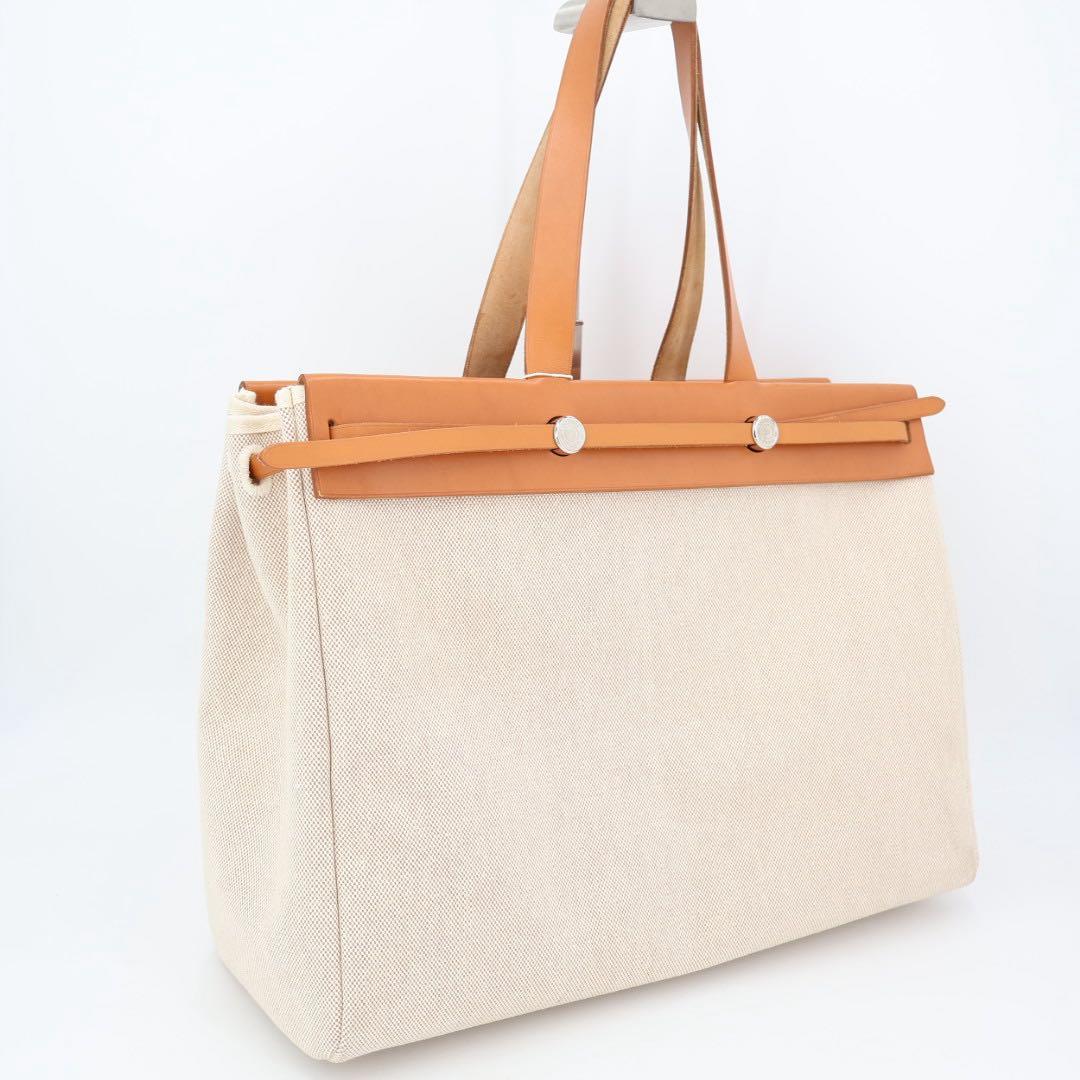 エルメス HERMES エールバッグ カバス GM ベージュ ブラウン □F刻印(2002年頃) ユニセックス キャンバス レザー トートバッグ