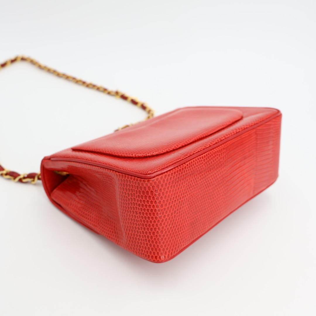 シャネル CHANEL ココマーク リザード シングルフラップ シングルチェーンバッグ レッド ゴールド金具 1番台