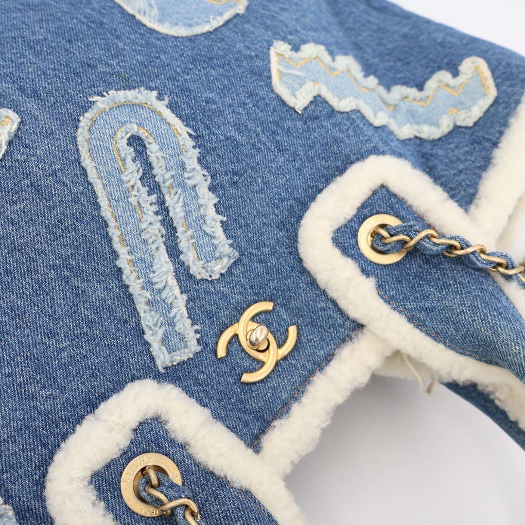 シャネル CHANEL ハンドバッグ ショルダーバッグ 2Wayバッグ ココマーク ラージショッピングバッグ デニムブルー デニムxムートン レディース AS0759 美品